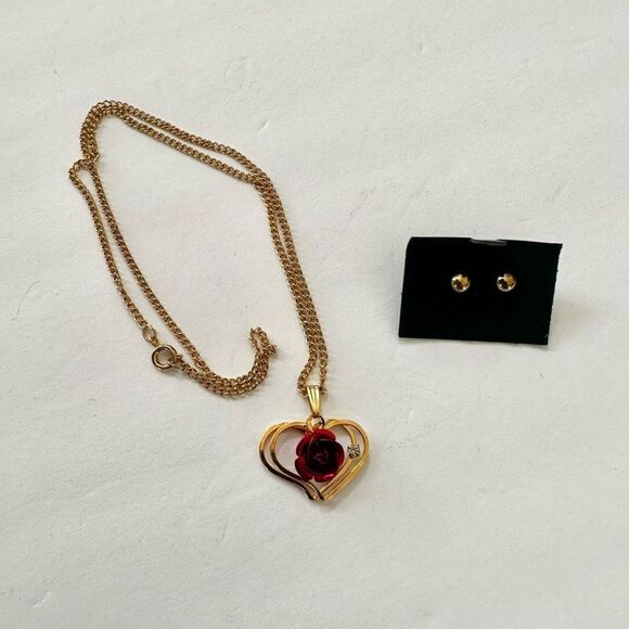 The Marquis Collection gold tone heart pendant with red rose necklace and earrin - Picture 4 of 15